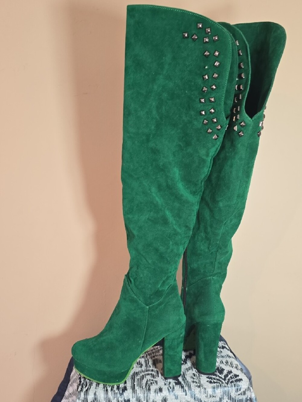 Over-the-Knee Studded Faux Suede Boots in Emerald Green Boots.